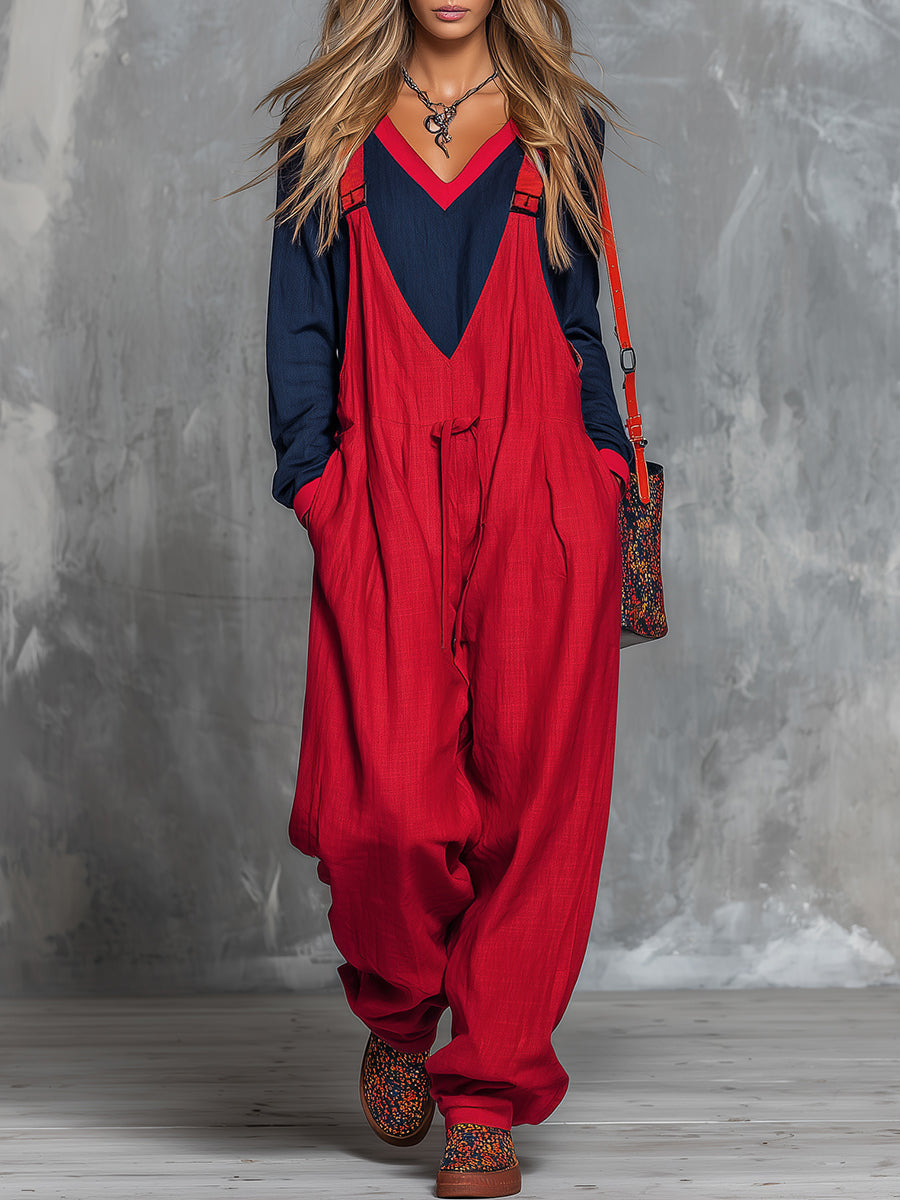 Retro Bohemian Style Color-blocked Cotton And Linen Top And Overalls Set - By Qivii