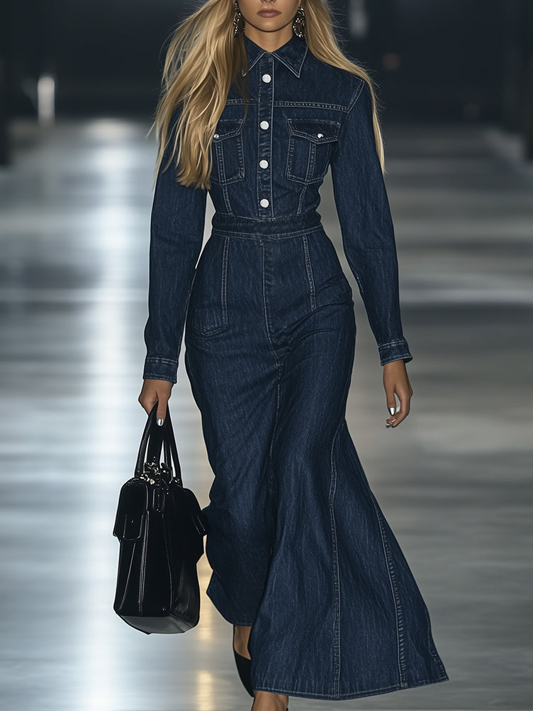 Casual Slim Fit Vintage Lace-up Long Sleeve Denim Maxi Dress - By Qivii