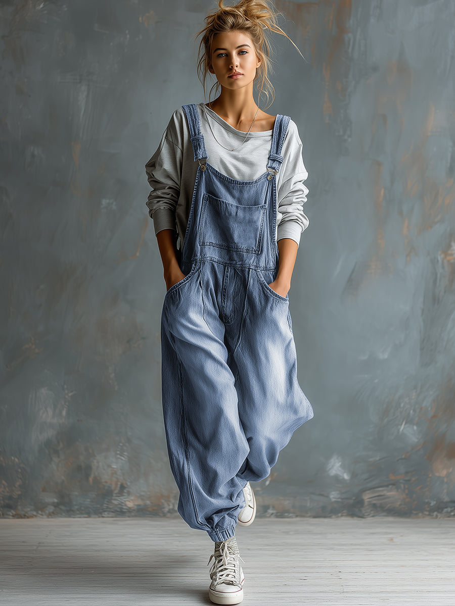Casual Retro Washed Denim Blue Pocket Overalls - By Qivii