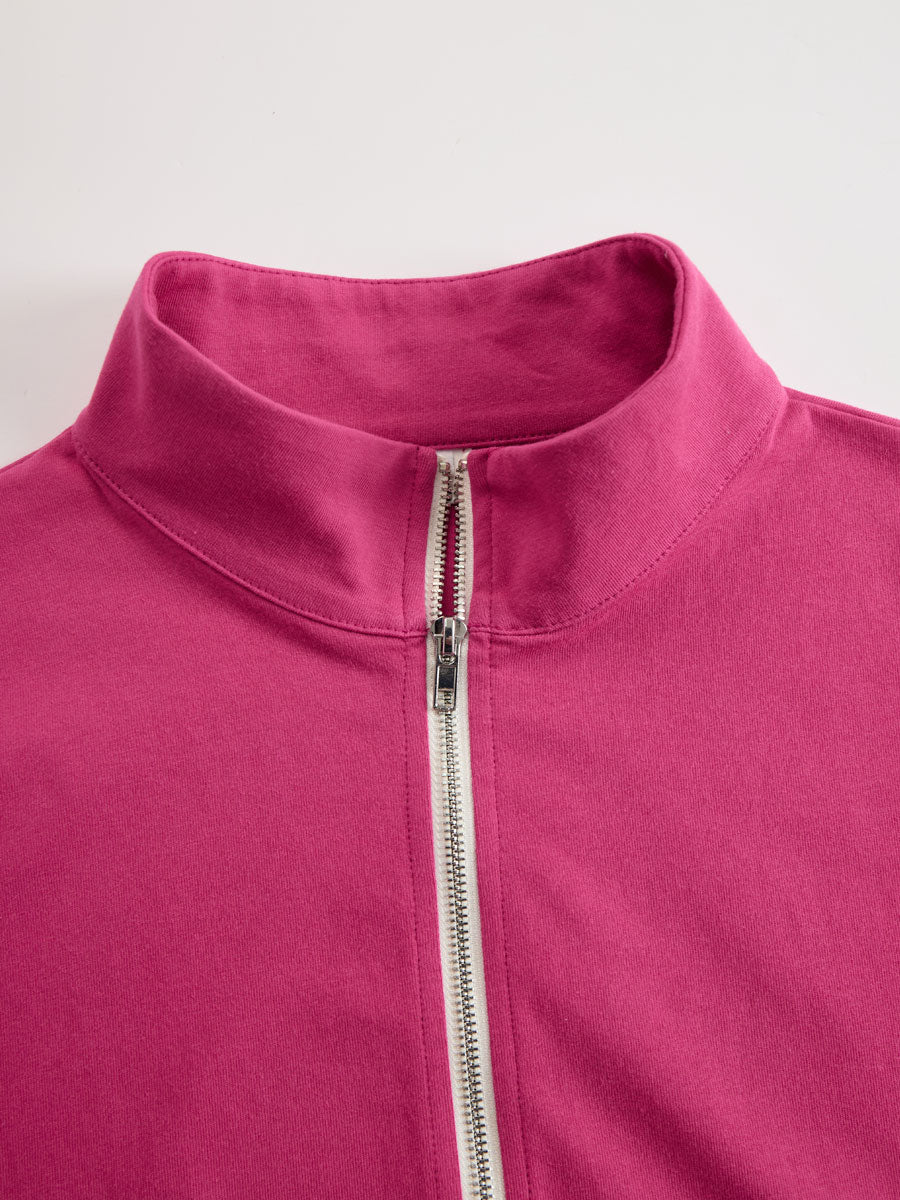 Sporty Retro Pink Cotton Half-Zip Ruffle Sweatshirt Mini Dress - By Qivii