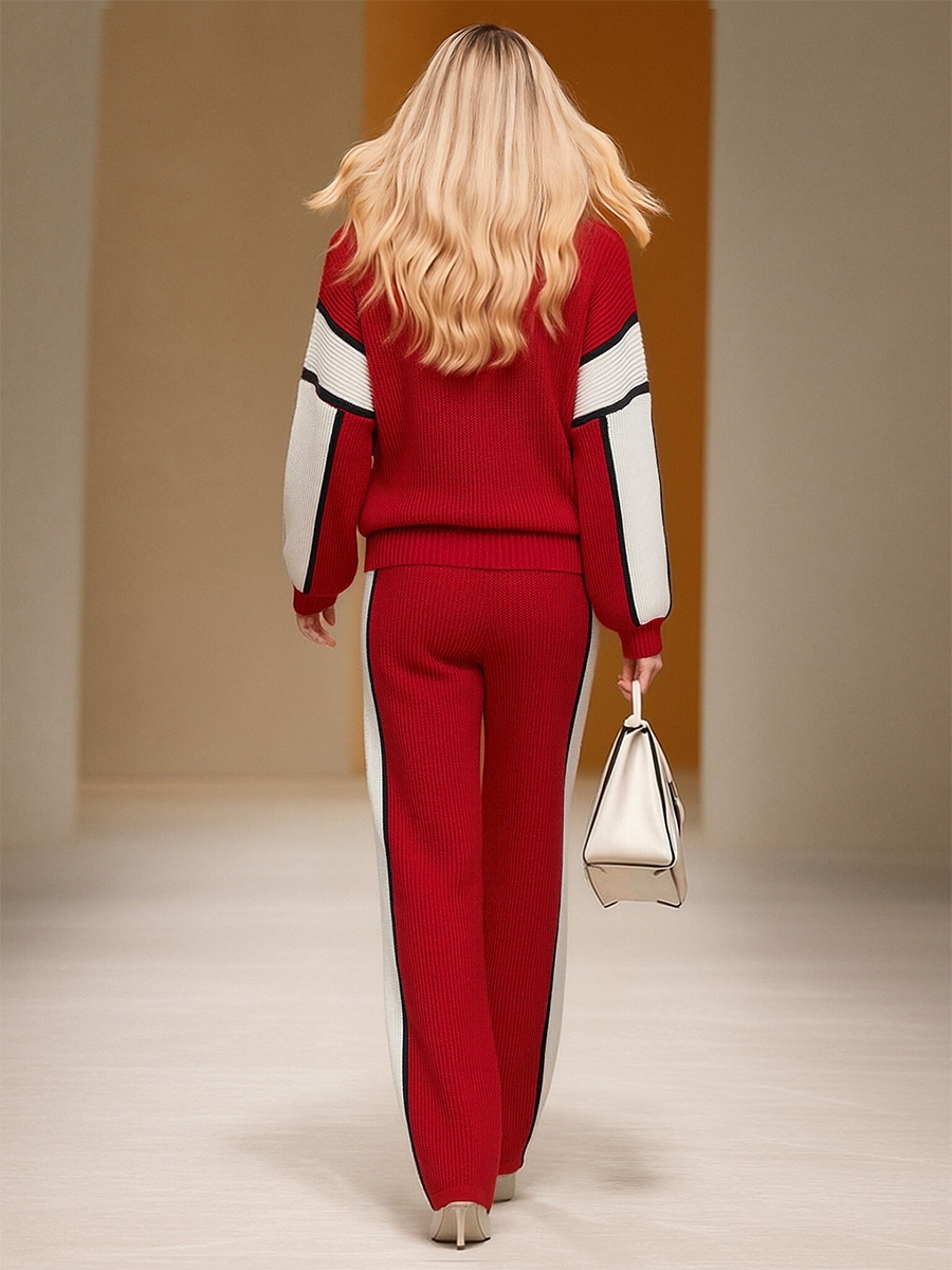 Retro Sports Style Contrast Color Knit Top And Pants Set - By Qivii