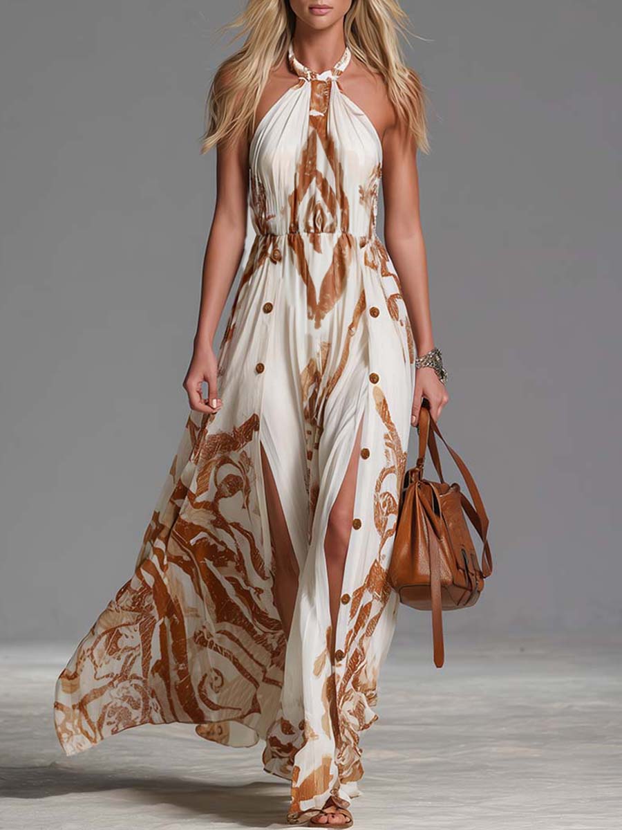 Vintage Bohemia Halter Neck Brown Western Print Off White Chiffon Split Maxi Dress - By Qivii