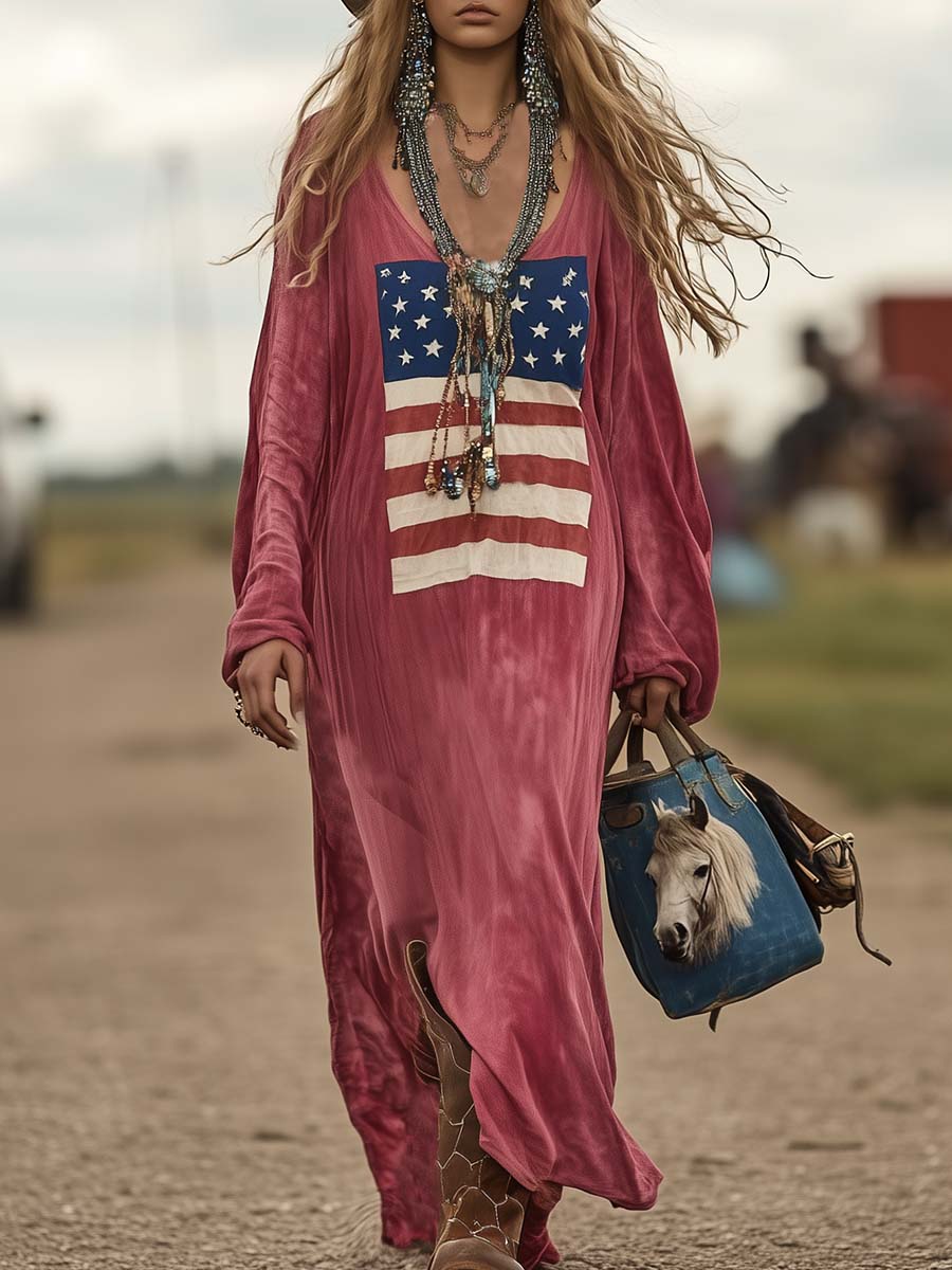 Vintage Casual Western Long Sleeve Flag Print Pink Cotton Loose Maxi Dress - By Qivii