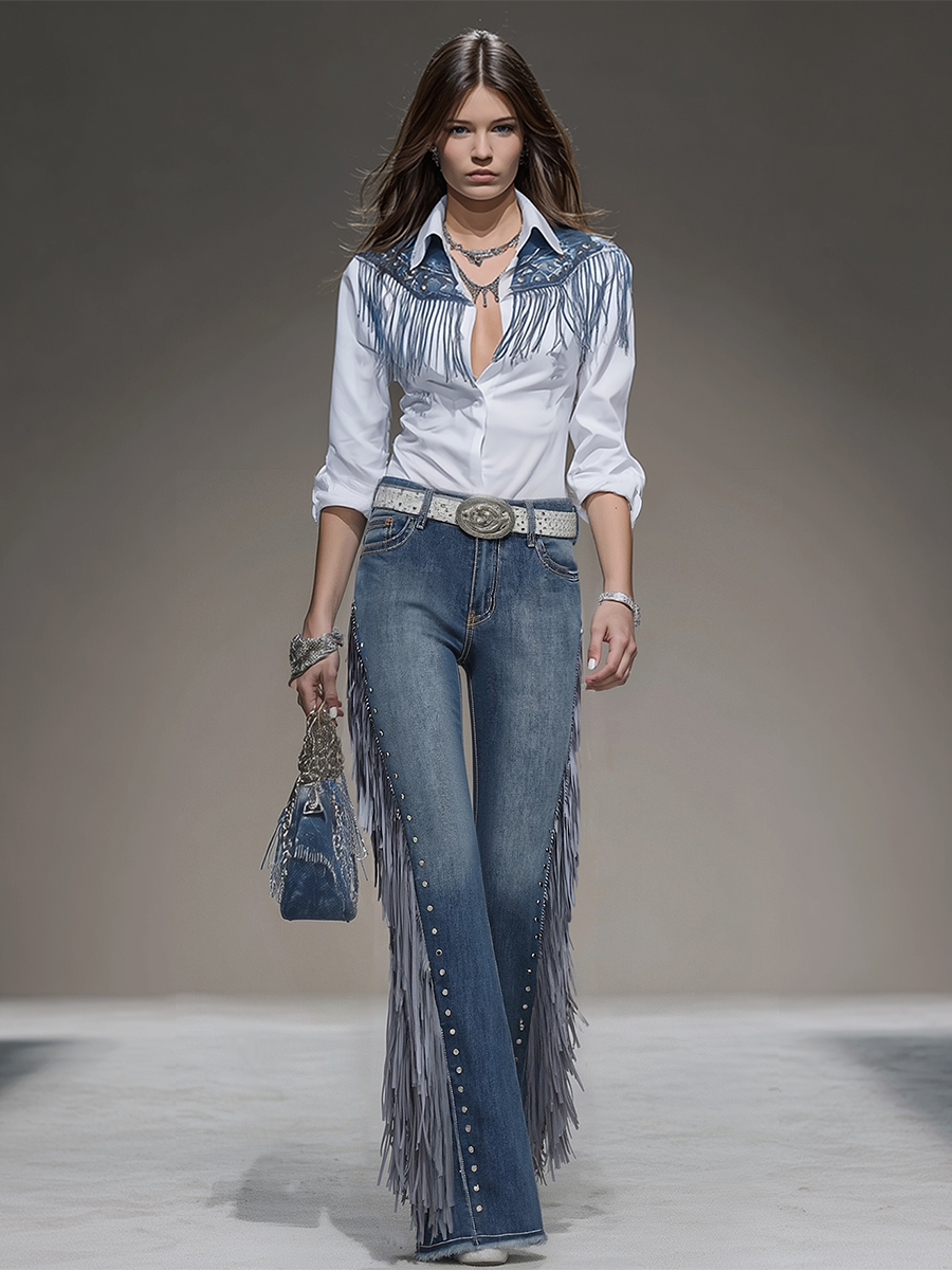 Western Blue Denim Side Tassel Rivet Flared Pants - By Qivii