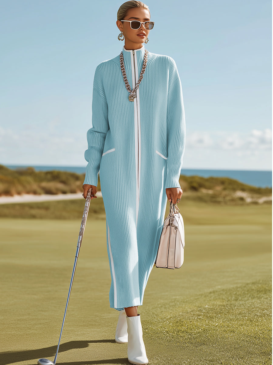 Sporty And Stylish White-trimmed Blue Knit Maxi Dress - By Qivii