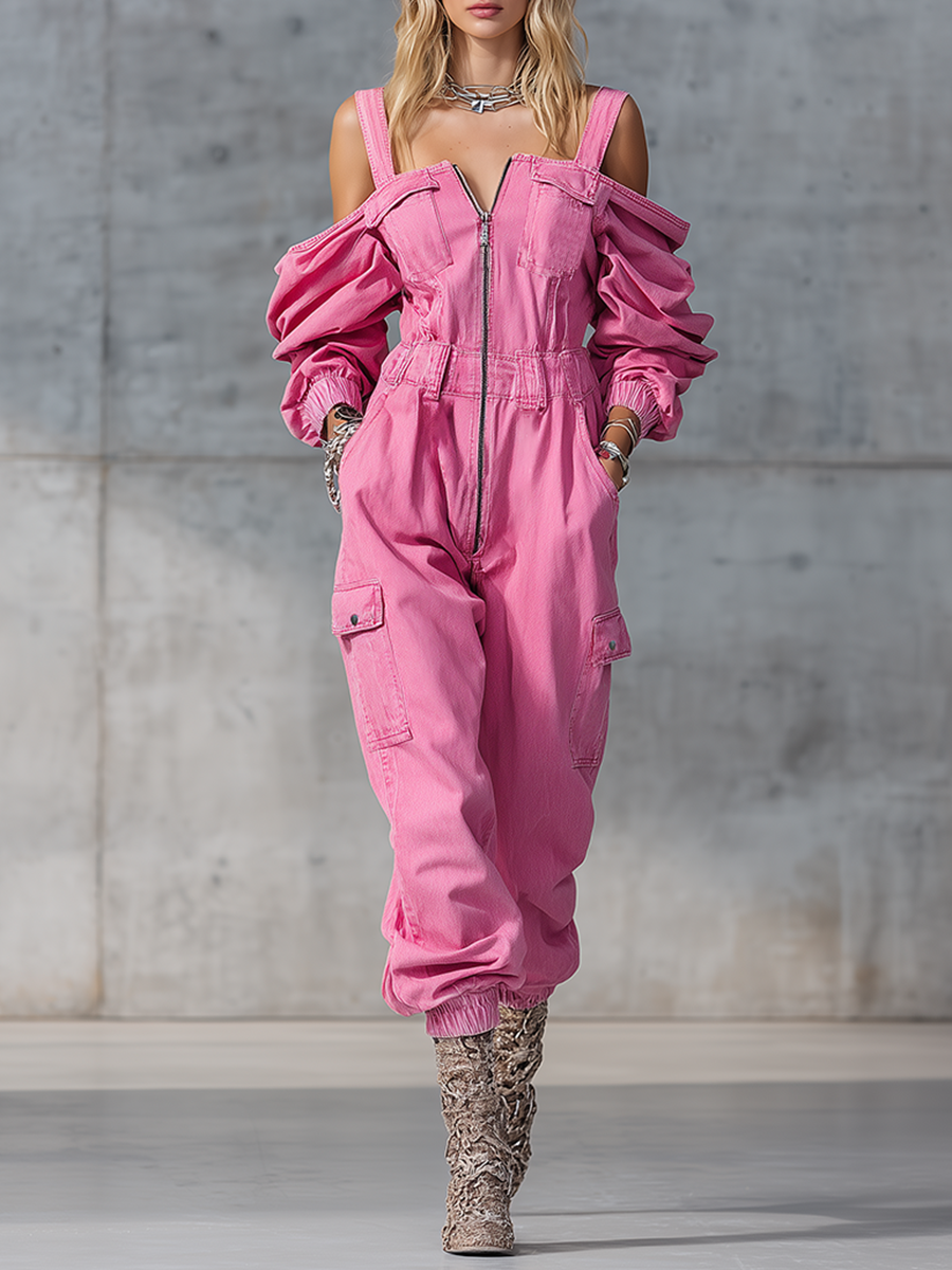 Stylish And Modern Long-sleeved Strappy Tapered Legs Pink Denim Jumpsuit - By Qivii