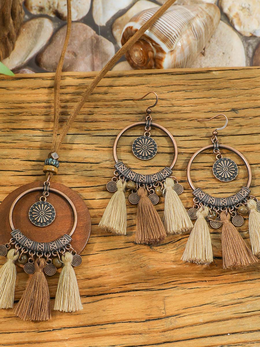 Vintage Distressed Bohemian Tassel Necklace Earrings Set - By Qivii