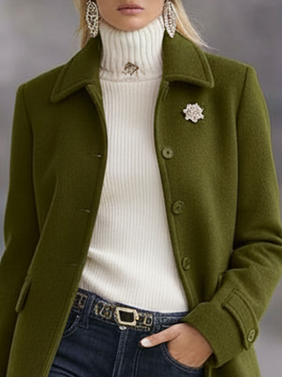 Casual Retro Olive Green Tweed Coat - By Qivii