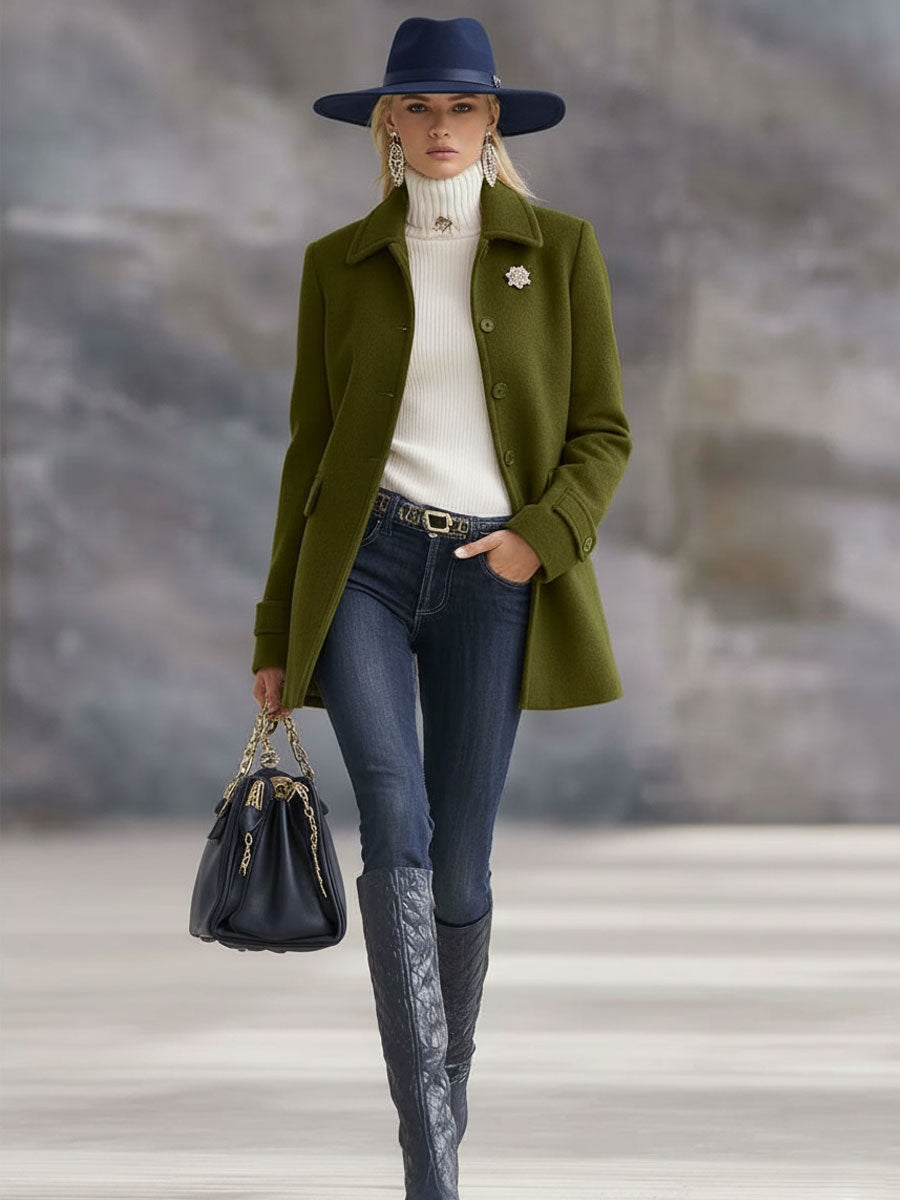 Casual Retro Olive Green Tweed Coat - By Qivii