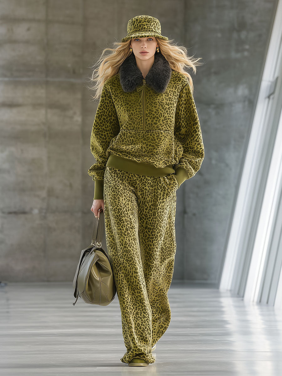 High-end Fashionable Leopard Print Velvet Faux Fur Collar Sweatshirt Wide-leg Pants Suit - By Qivii
