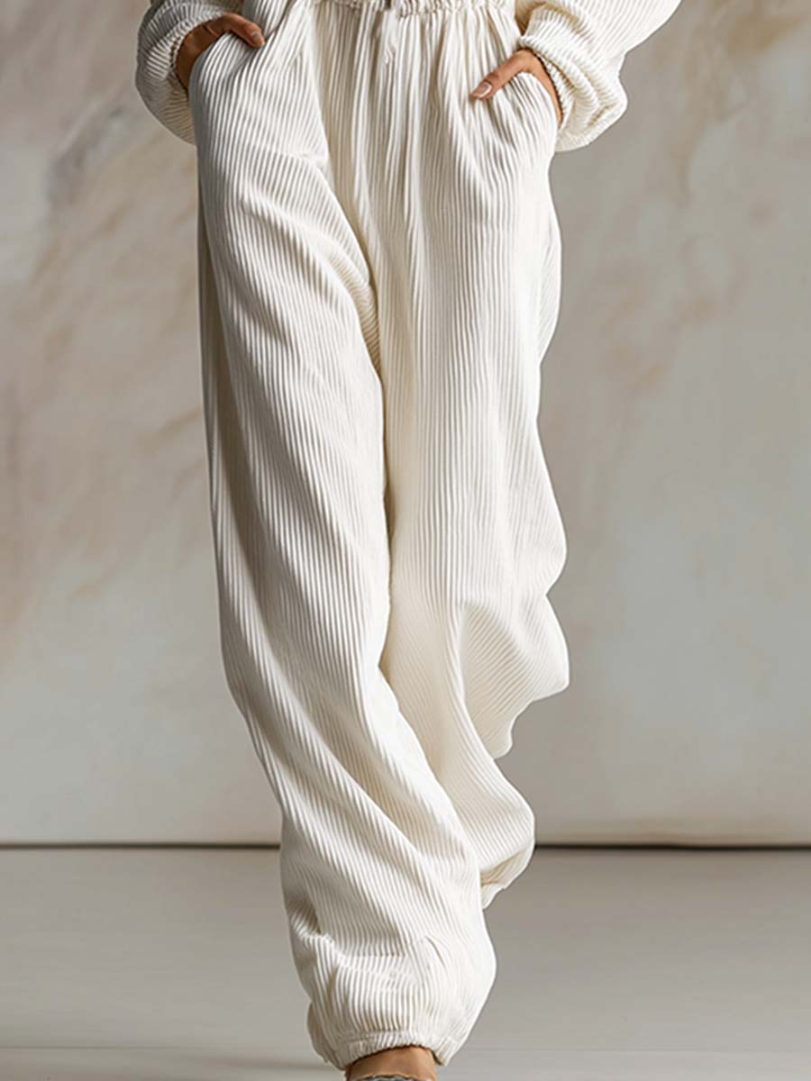 Casual Loose Fashionable White Corduroy Hooded Front Zipper Long Sleeve Jumpsuit - By Qivii