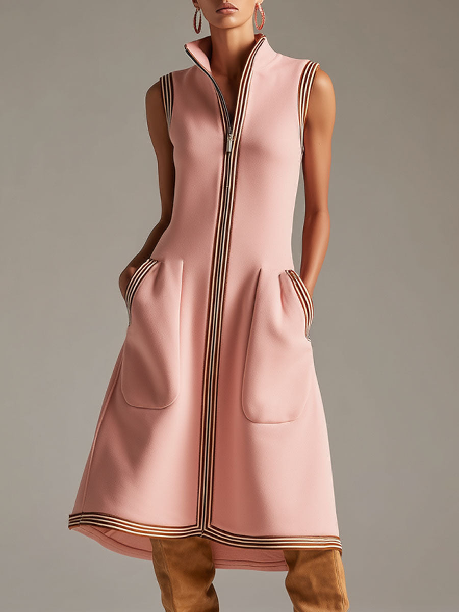 Sporty Retro Striped Ribbed Pink Cotton Blend Sleeveless Midi Dress - By Qivii