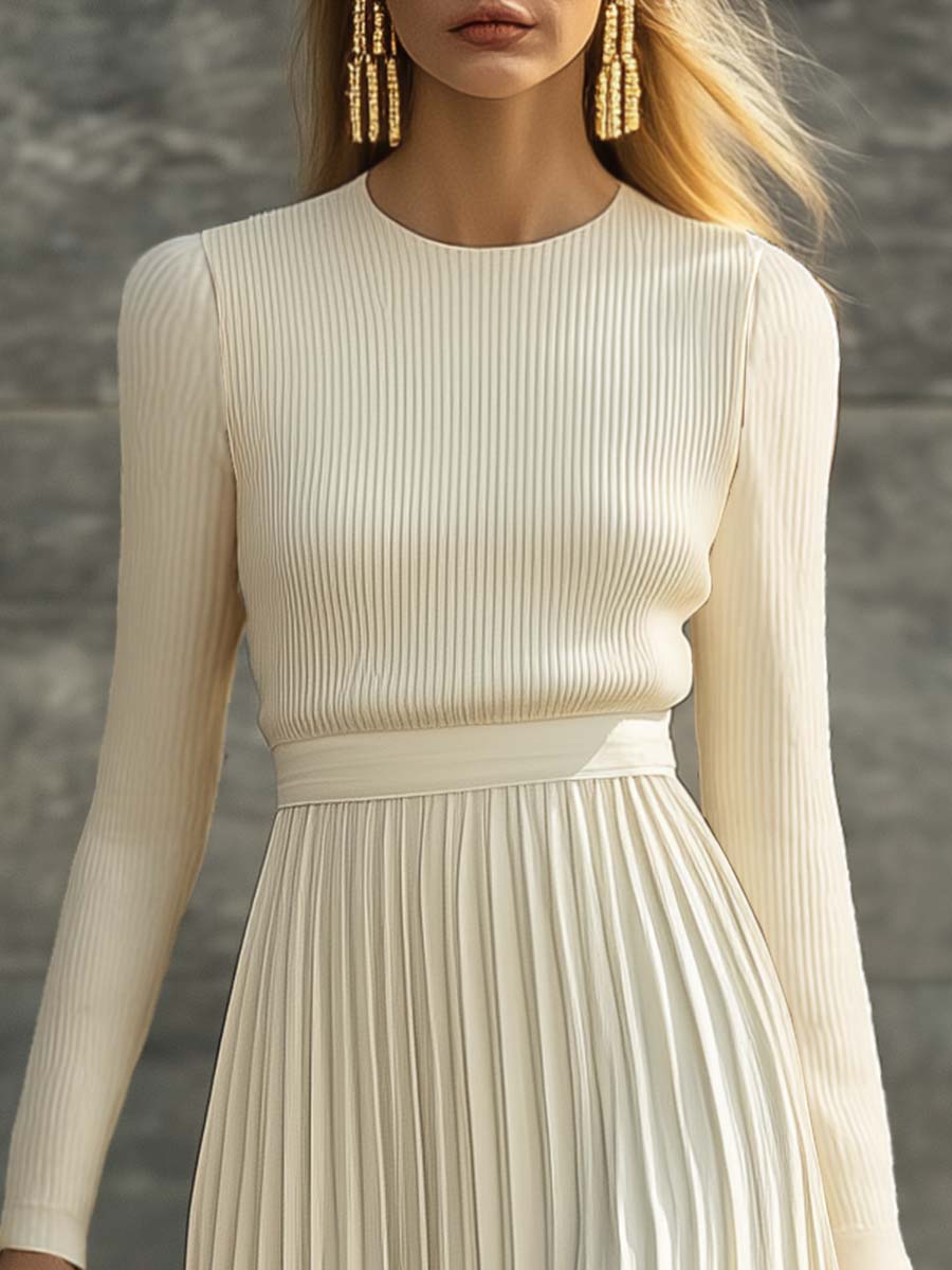 Elegant Casual And Comfortable Long-sleeved Cream Knitted Satin Pleated Hem Maxi Dress - By Qivii
