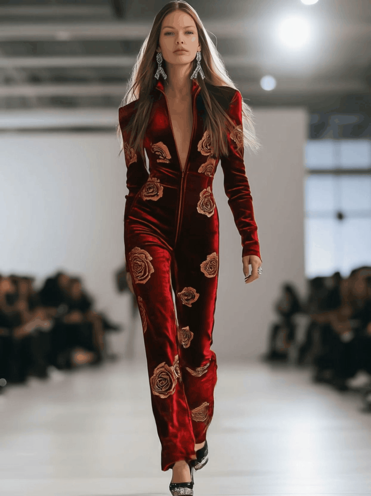 Casual Loose Retro Red Velvet Gold Rose Printed Zipper Long Sleeve Jumpsuit - By Qivii