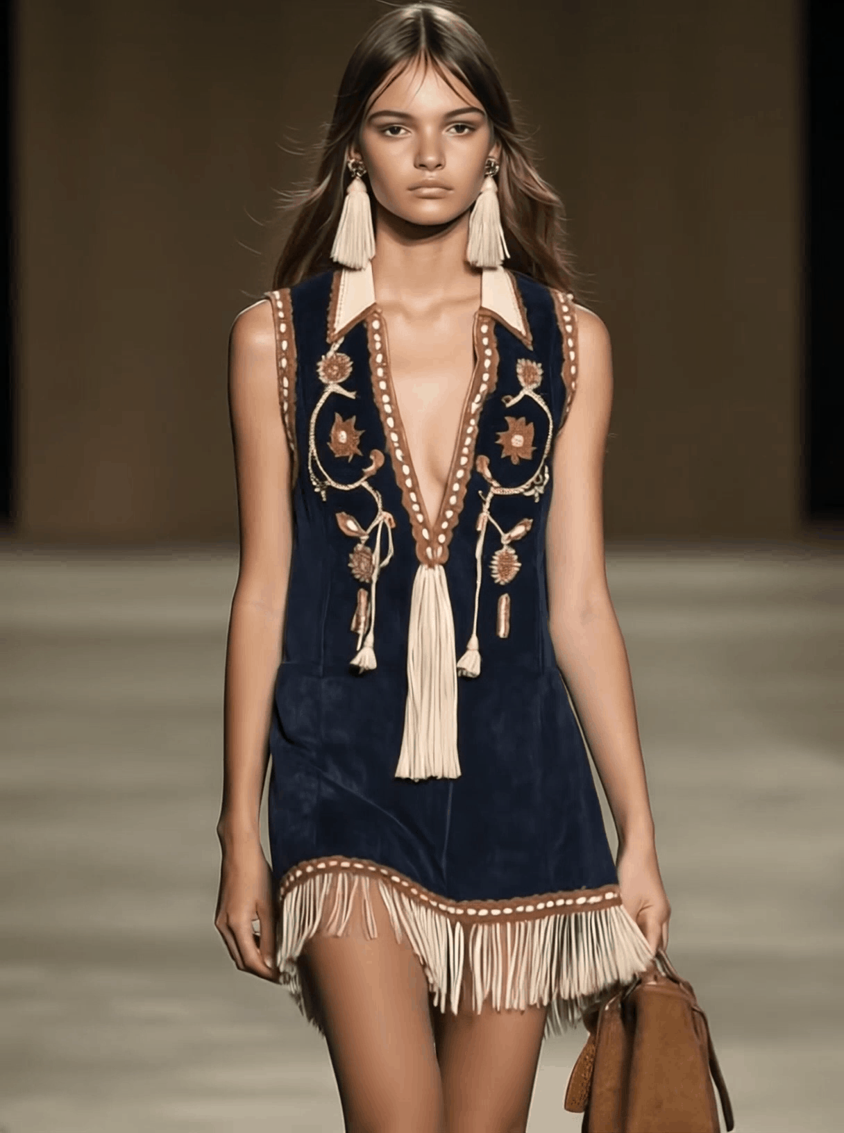 Western Retro Faux Suede Bohemian Style Embroidered Tassel Sleeveless Mini Dress - By Qivii