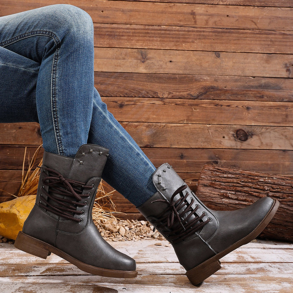 Women's Rivet Roma Boots - Side Lace Chunky Heel Mid Calf Boots (US 4-10.5)