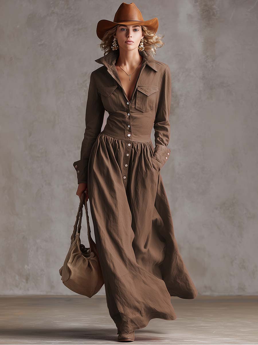 Exquisite Retro Western Lapel Front Button Red Windbreaker Style Cotton And Linen Maxi Dress - By Qivii