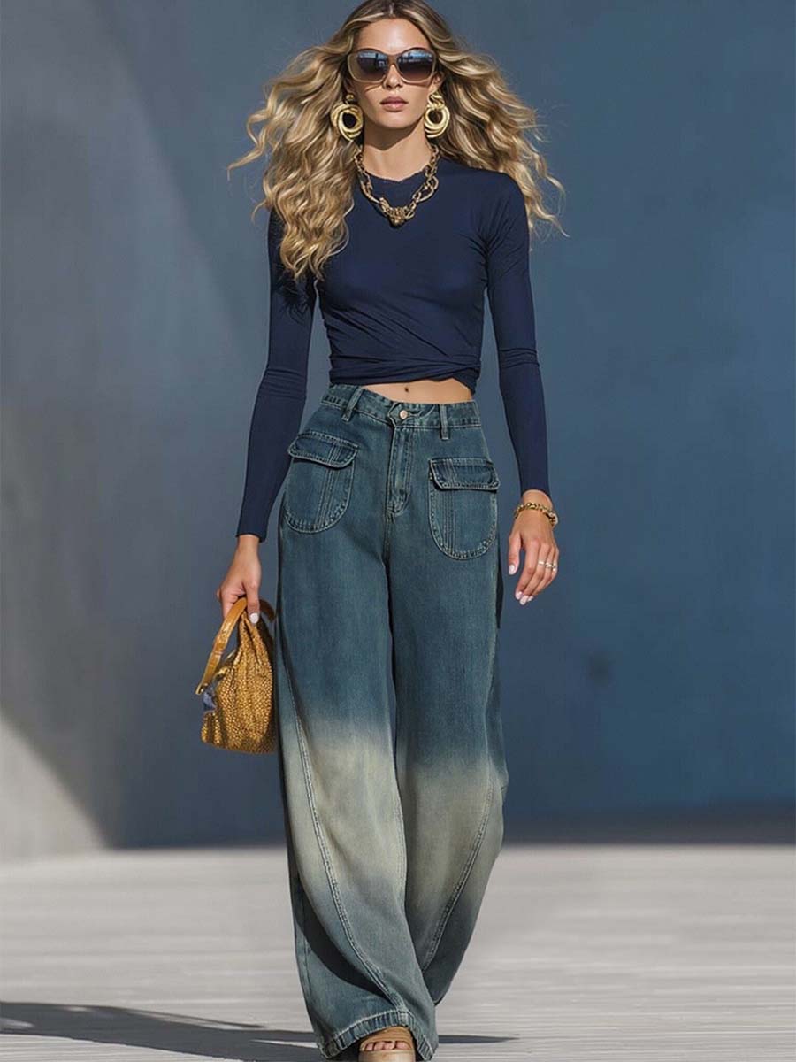 Casual Fashion Gradient Washed Denim Blue Gray Loose Pants - By Qivii