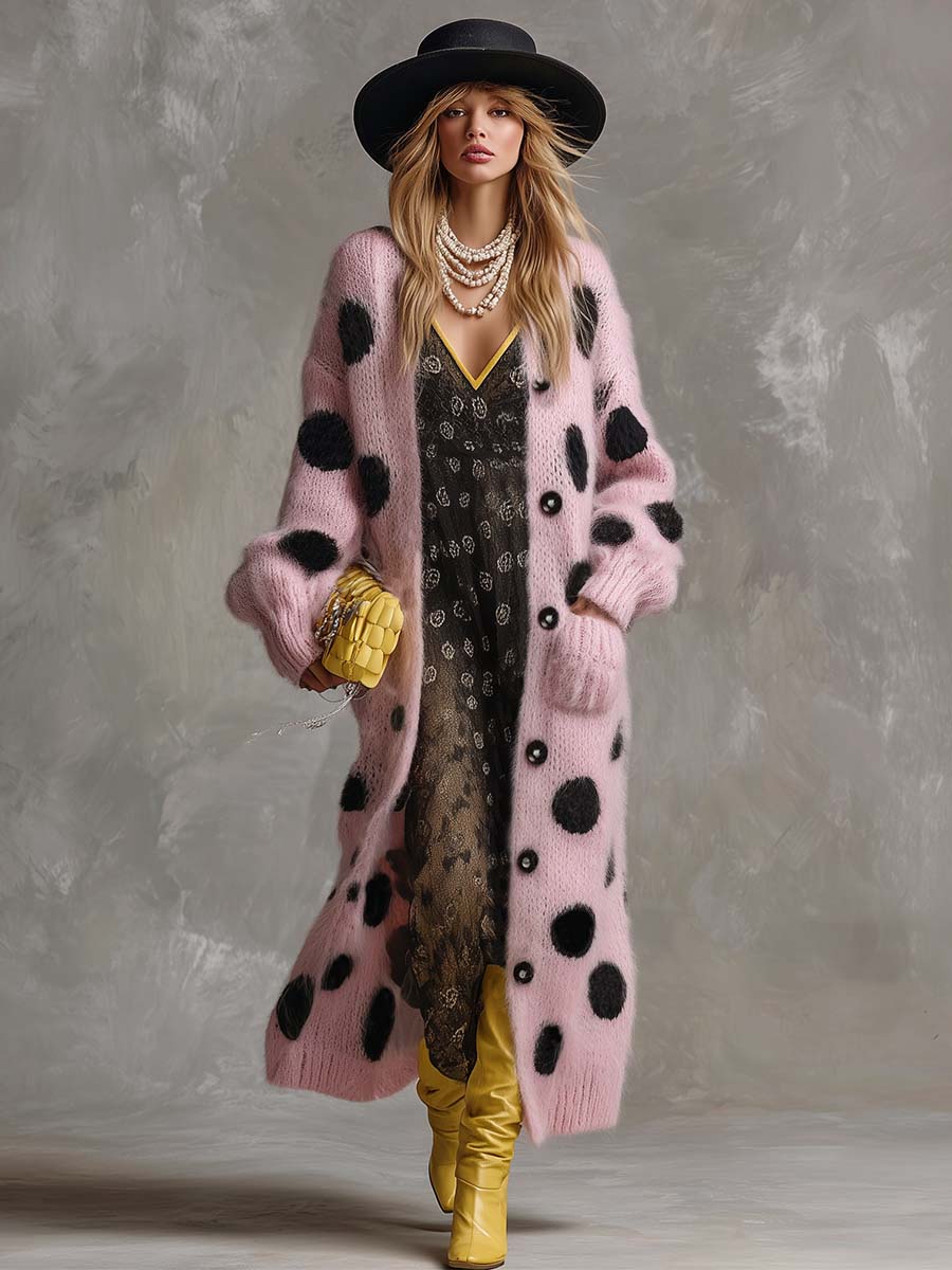 Vintage Fashion Lazy Front Button Black Polka Dot Pink Imitation Rabbit Fur Knitted Long-sleeved Cardigan - By Qivii