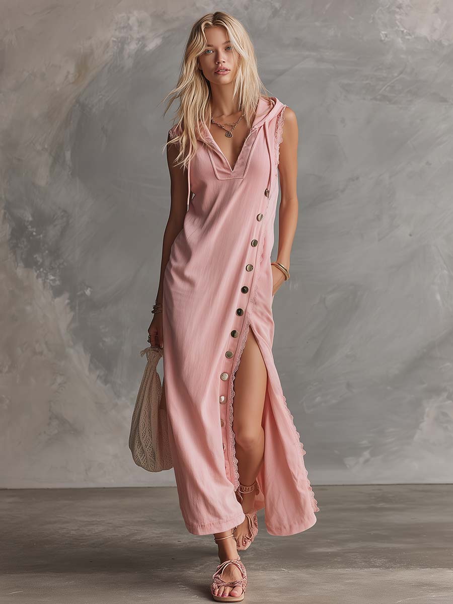 Elegant Retro Sporty Hooded V-neck Sleeveless Lace Trim Side Slits And Button Pink Cotton Midi Dress - By Qivii