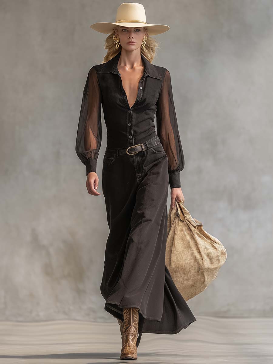 Vintage Western Front Button V-Neck Transparent Long Sleeve Black Denim Maxi Dress - By Qivii