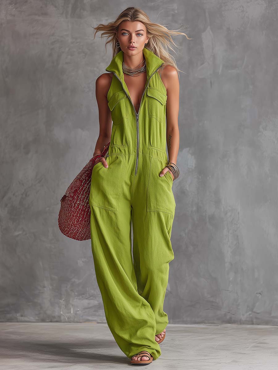 Casual Retro Western Collar Front Zipper Bright Green Cotton Linen Jumpsuit - By Qivii