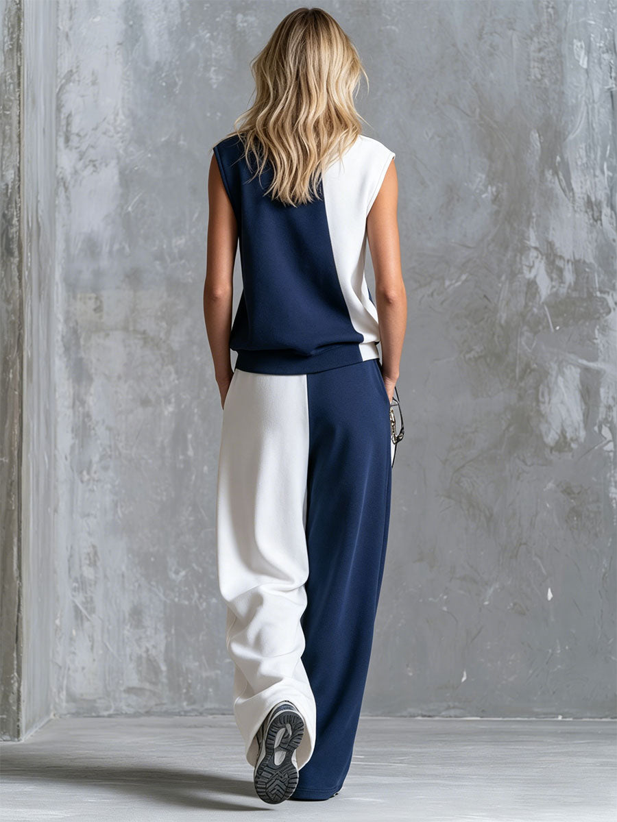 Casual Retro Blue And White Color-blocked Sleeveless Stand-collar Cotton Top And Pants Set - By Qivii