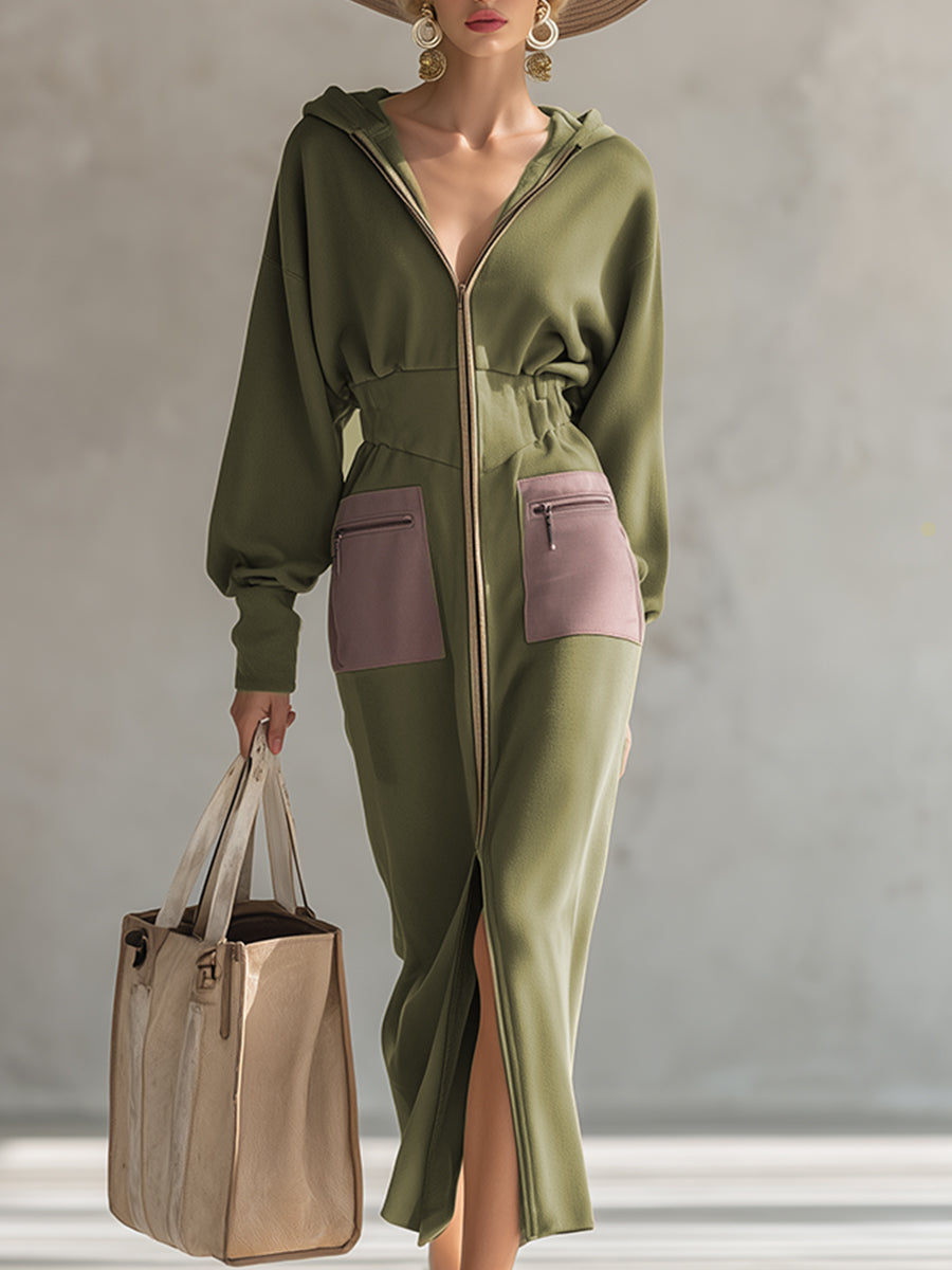 Elegant Olive Green Hooded Narrow Waist Zip-up Sweatshirt Long Sleeve Maxi Dress - By Qivii