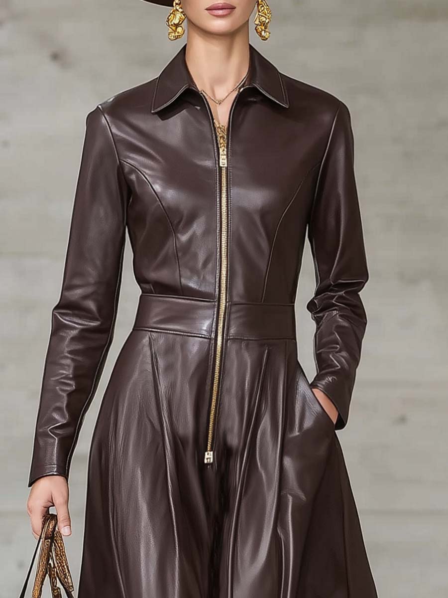 Exquisite Temperament Front Zipper Long Sleeve High-quality Brown Leather Maxi Dress - By Qivii