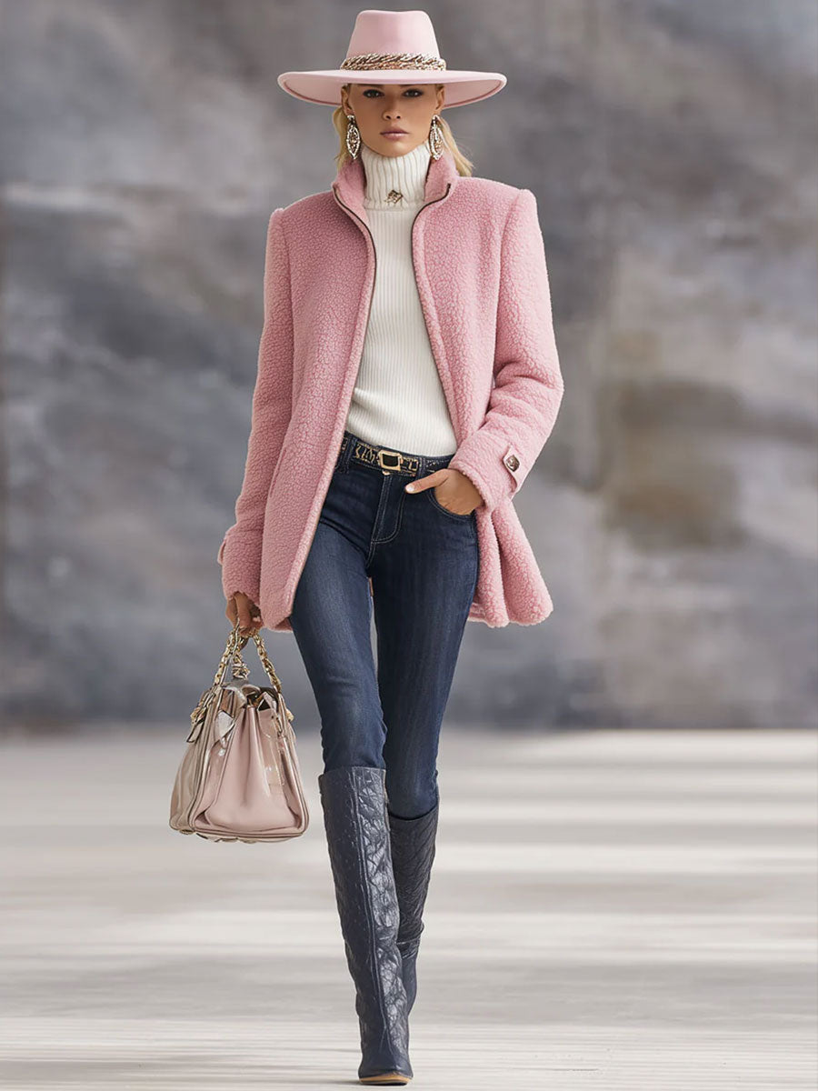Casual Vintage Pink Polar Fleece Zip-Up Jacket Coat - By Qivii