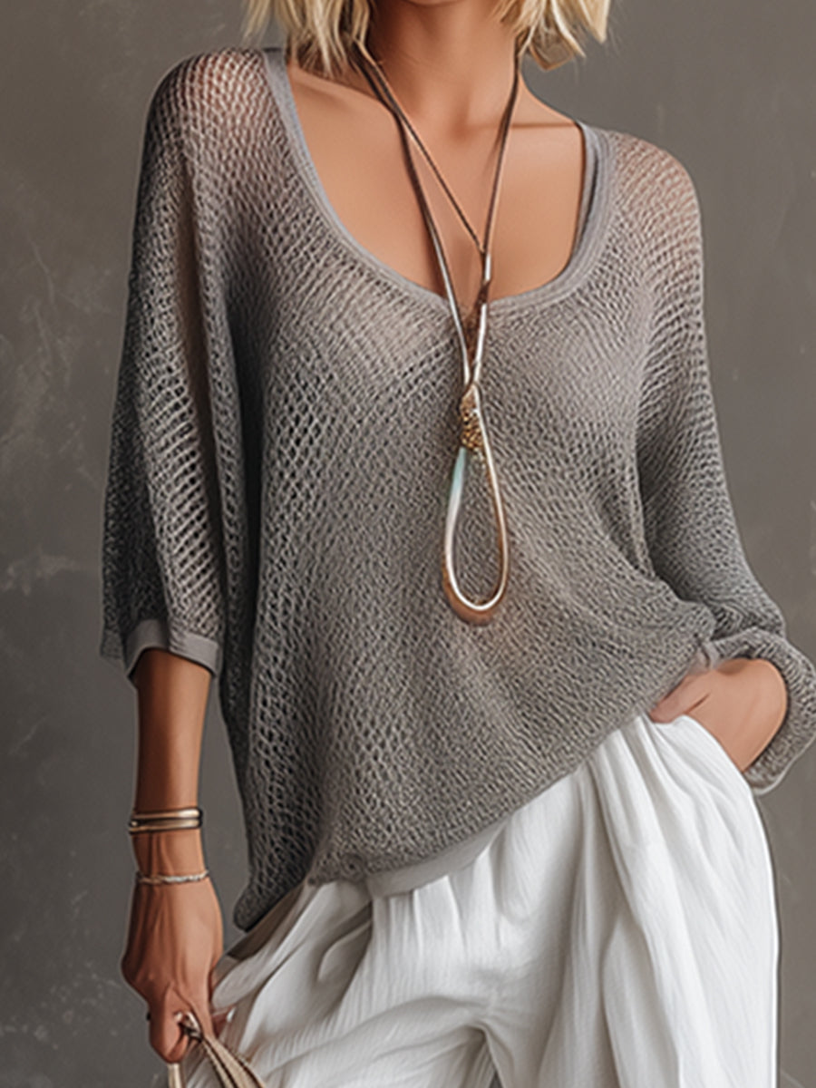 Elegant and Stylish Grey Mesh-Knit T-Shirt - By Qivii