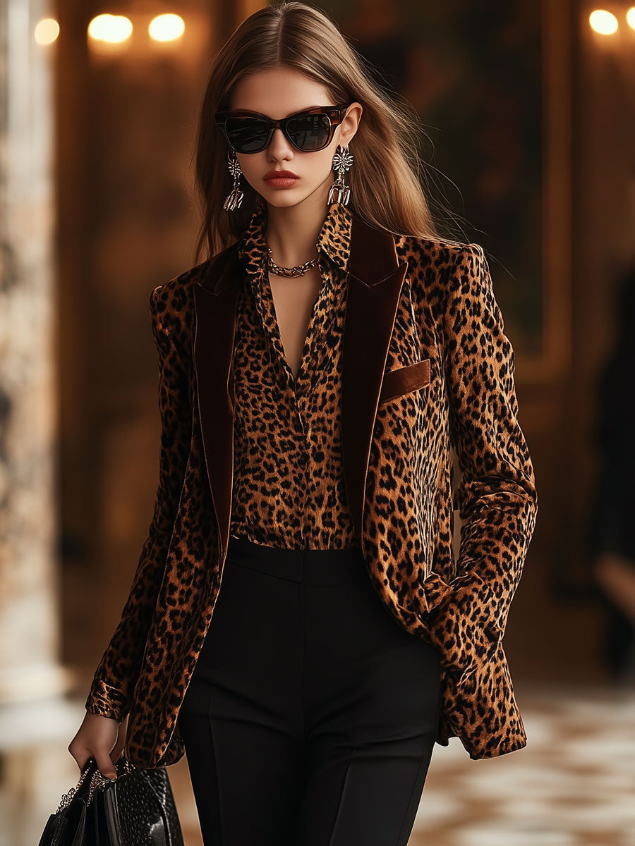 Casual Loose Retro Velvet Leopard Print Lapel Blazer - By Qivii