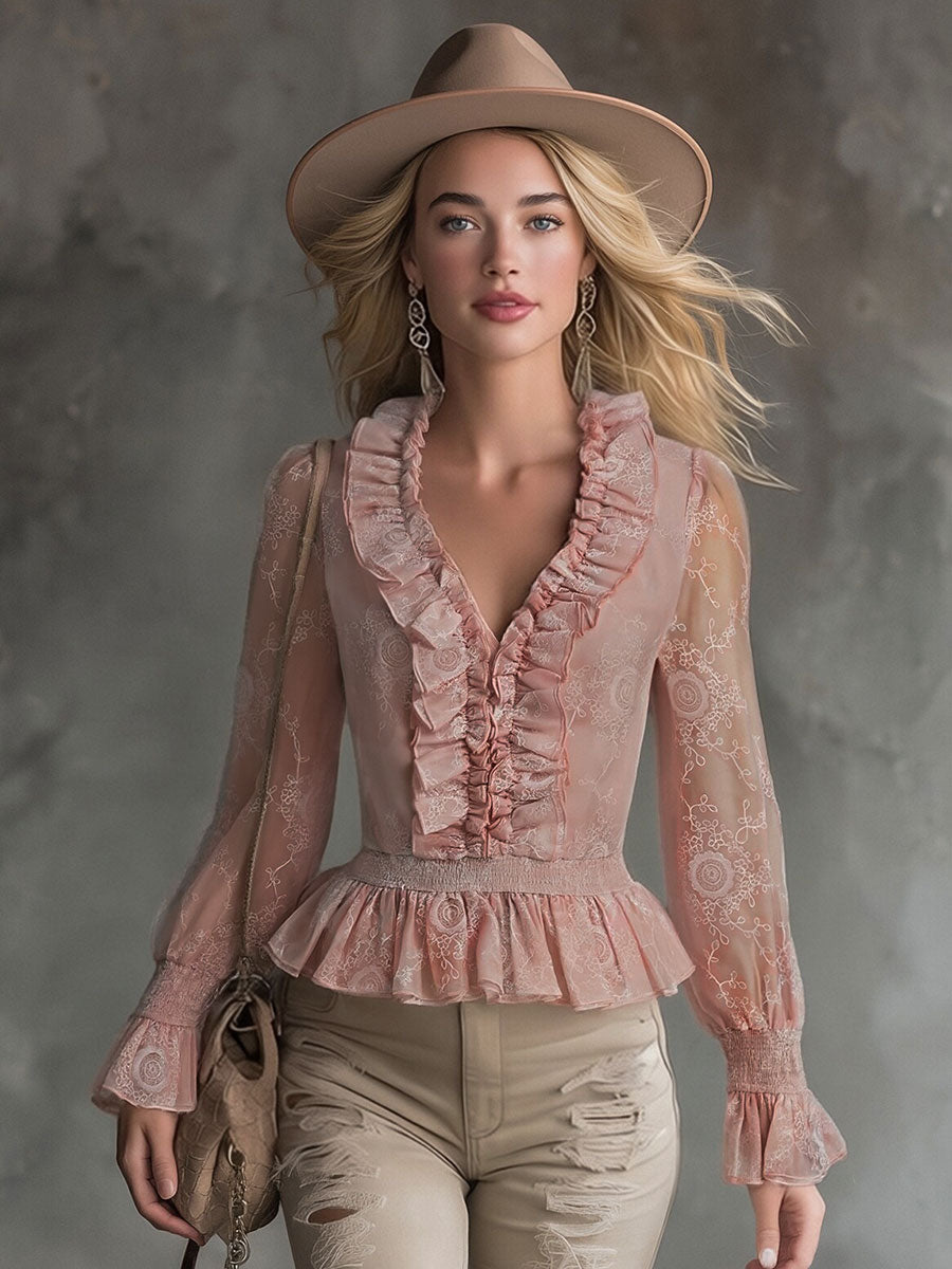 Elegant Pink Chiffon Lace Ruffled Shirt - By Qivii