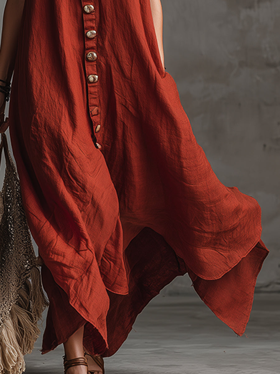 Vintage And Charming Red Cotton And Linen Sleeveless Maxi Dress - By Qivii