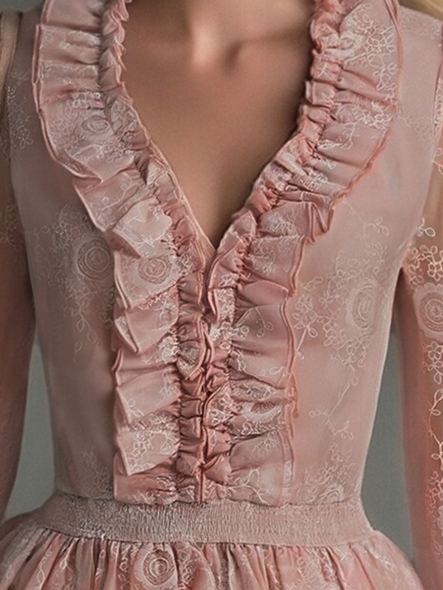 Elegant Pink Chiffon Lace Ruffled Shirt - By Qivii