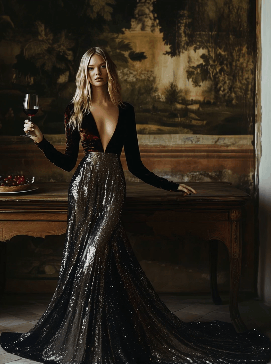 V-Neck Stylish Elegant Solid Color Velvet Sequined Long Maxi Dress - By Qivii