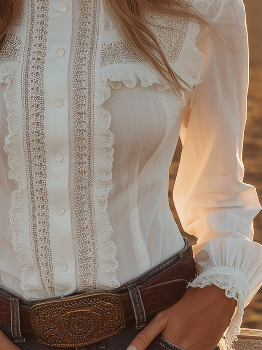 Western-style White Lace Button-down Shirt - By Qivii