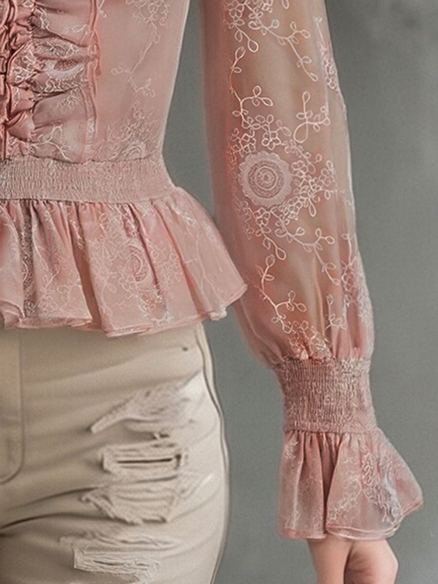 Elegant Pink Chiffon Lace Ruffled Shirt - By Qivii