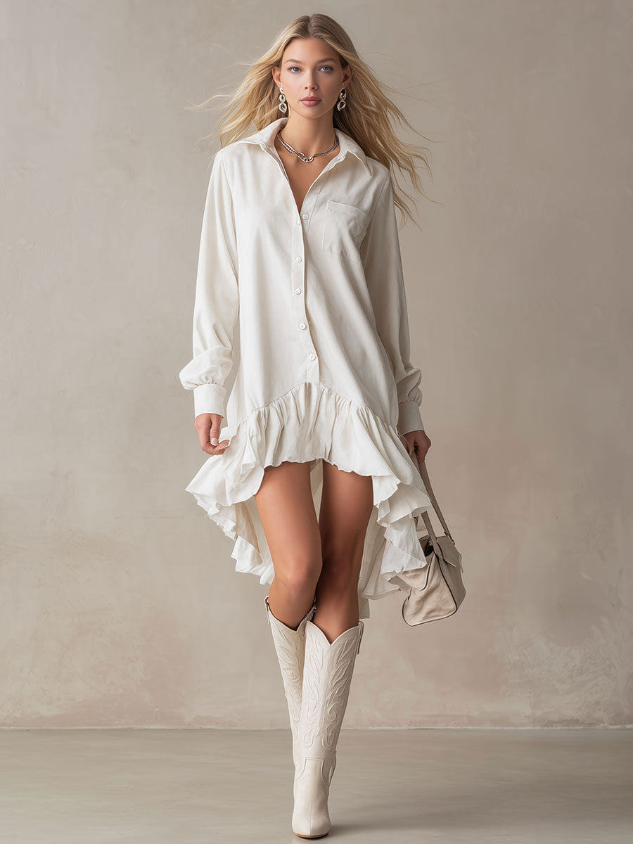 Stylish And Elegant Off-white Ruffled Tencel Denim Midi Dress - By Qivii