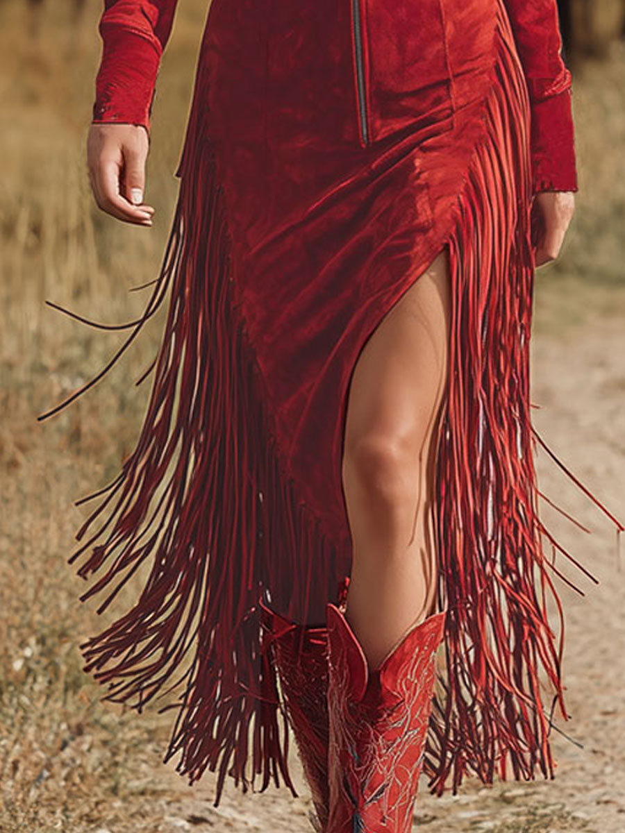Western Style Vintage Embroidered Red Fringed Faux Suede Midi Dress - By Qivii