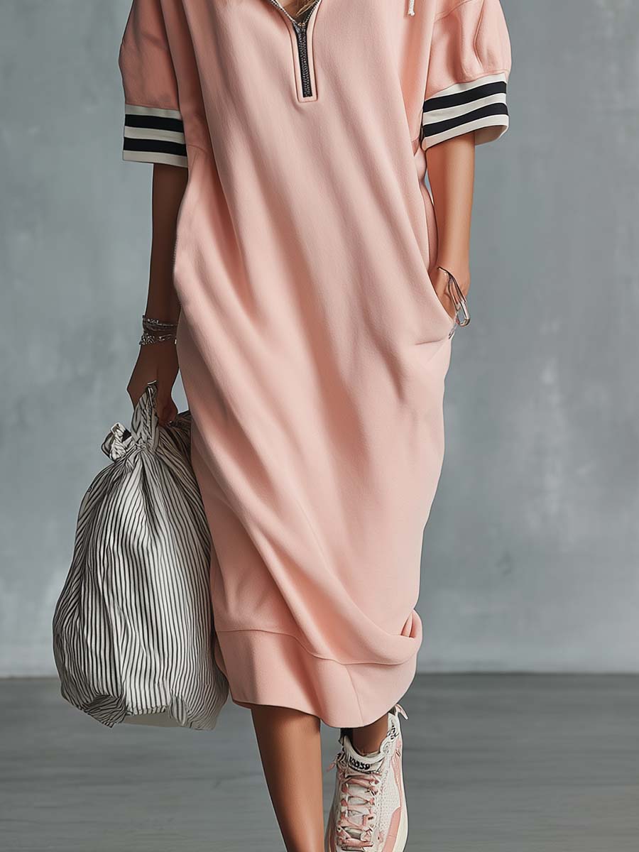 Casual Fashion Sporty Hooded Front Zipper Short-sleeved Cherry Blossom Pink Cotton Midi Dress - By Qivii