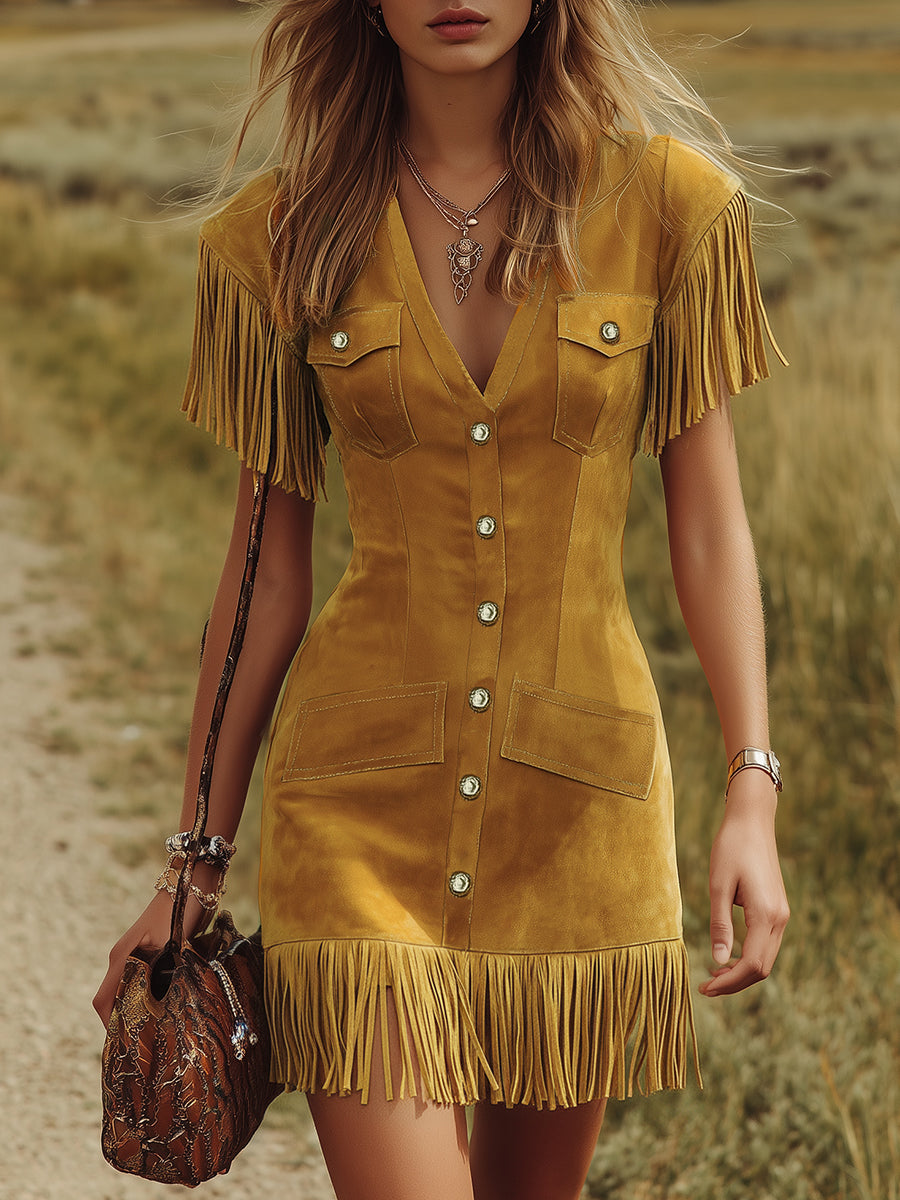 Western-style Vintage V-neck Fringed Faux Suede Mini Dress - By Qivii