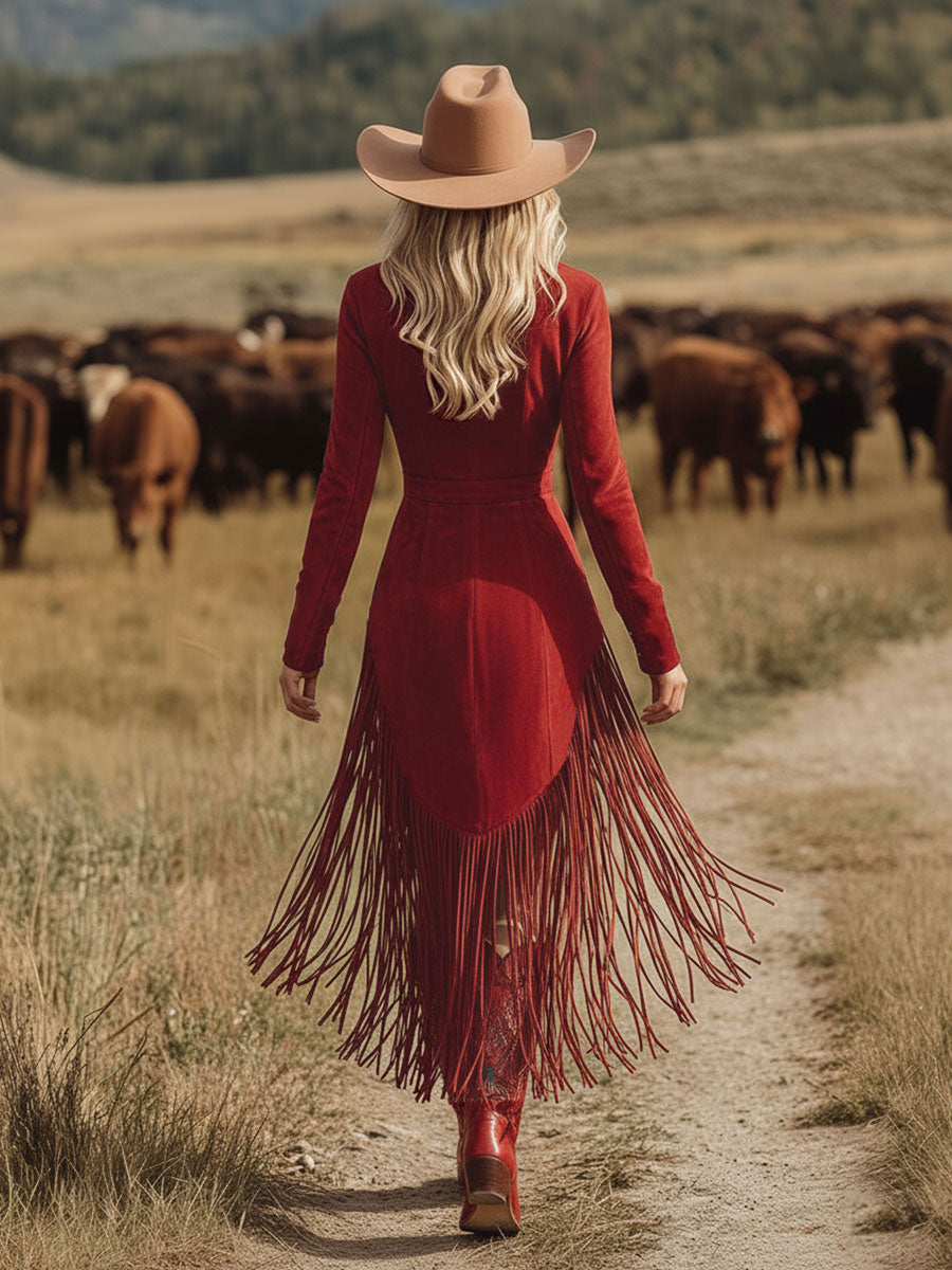 Western Style Vintage Embroidered Red Fringed Faux Suede Midi Dress - By Qivii