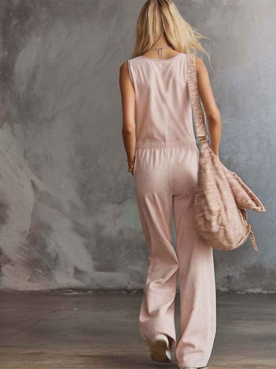 Elegant Retro Sporty V-neck Front Zipper Sleeveless Light Pink Cotton Jumpsuit - By Qivii