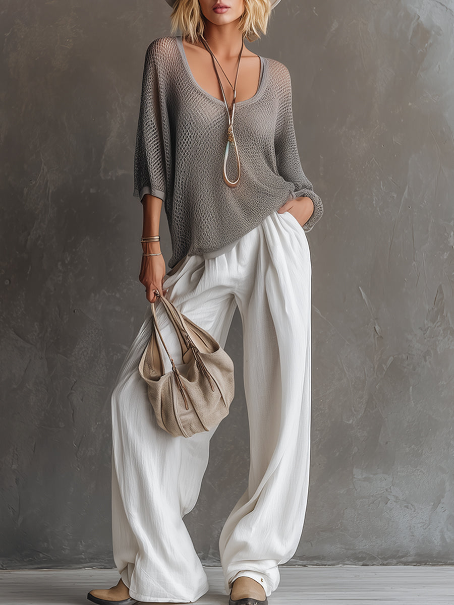 Simple Urban Gray Mesh Knit T-shirt And White Cotton Linen Wide-leg Pants Set - By Qivii