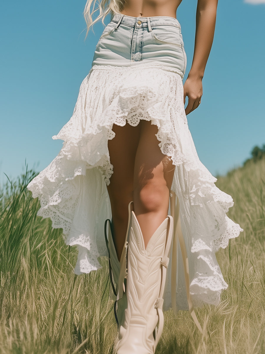 Romantic And Fashionable Short Front And Long Back Lace Patchwork Denim Skirt - By Qivii
