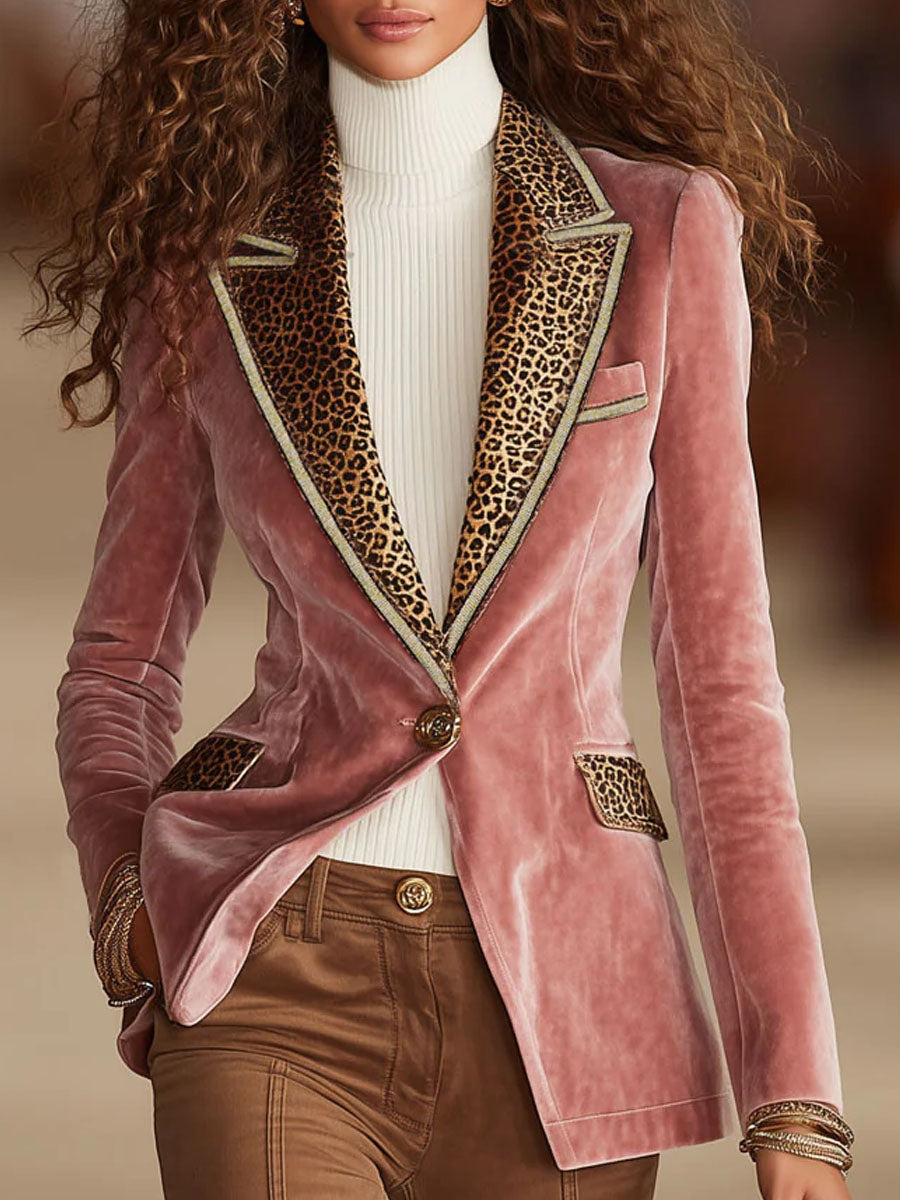 Pink Velvet Stitching Leopard Print One Button Blazer - By Qivii