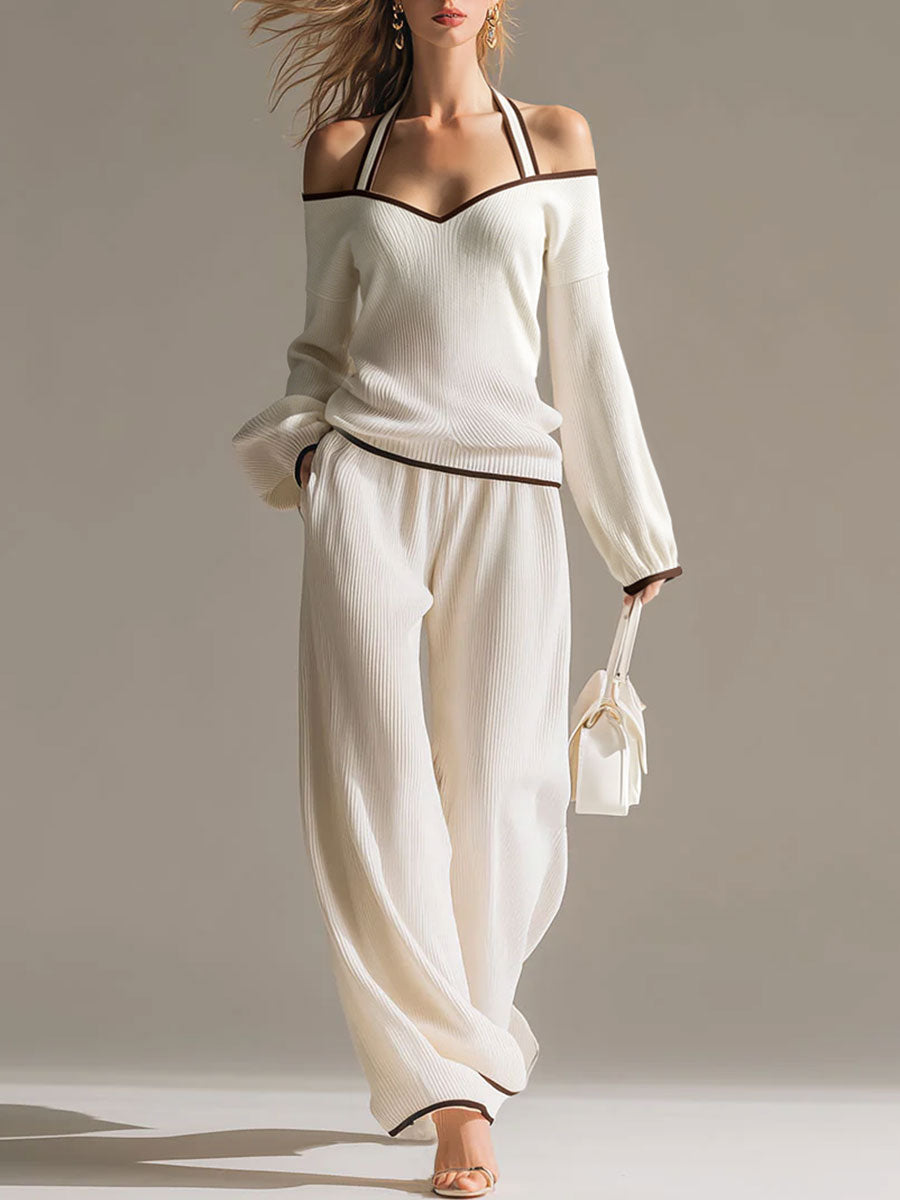 Elegant Color-blocked White Halter-neck Long-sleeved Knit Top And Pants Set - By Qivii