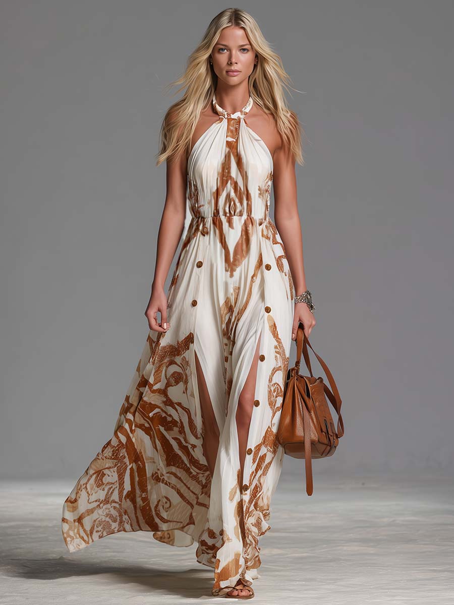 Vintage Bohemia Halter Neck Brown Western Print Off White Chiffon Split Maxi Dress - By Qivii