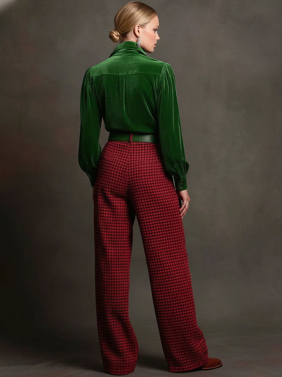 Retro Green Velvet Pleated Long-sleeved Shirt And Houndstooth Wide-leg Pants Set - By Qivii